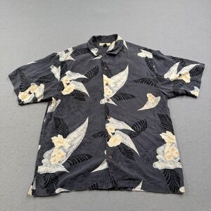 Tommy Bahama Hawaiian Shirt Men's Large Gray Silk Tropical Floral Camp Collar